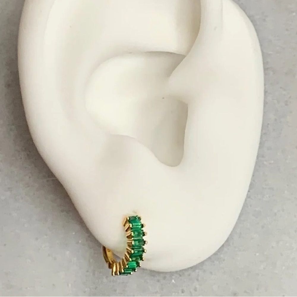 COPY - 18K Gold Green Crystal Huggie Hoop Thick Earrings - Picture 2 of 2